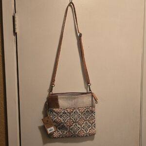 Neutral Patterned Clea Ray Crossbody Bag with Leather Trim
